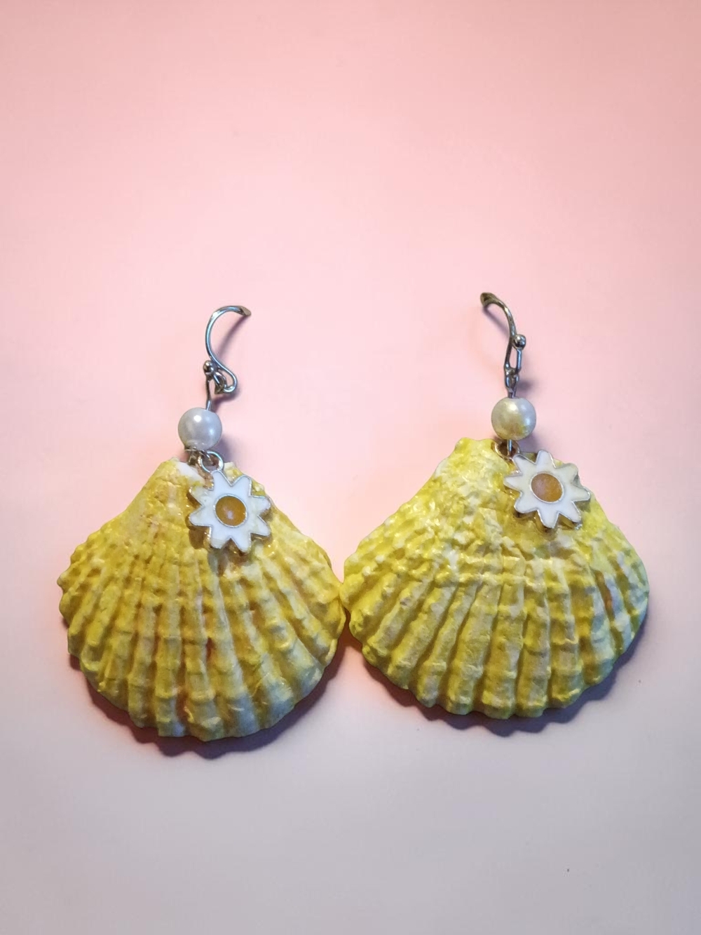 Yellow Seashell Polymer Clay Dangle Earrings with Daisy Flower Charm Accent